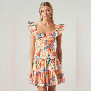 Sugarlips Floral Ruffle Dress - Orange and Blue